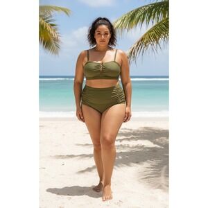 YOMOKO Olive Green Bikini Set Womens 2X Hook Clasp Top‎ & Bottoms Swimwear